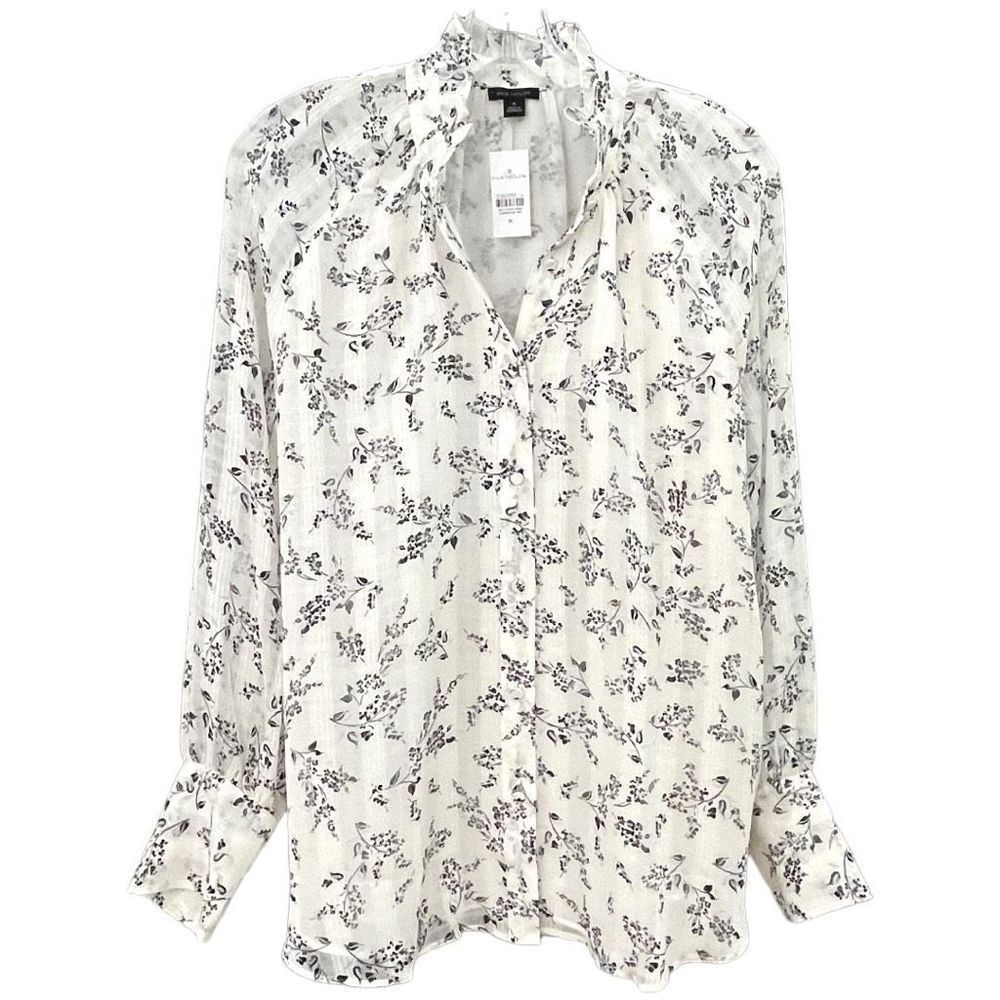 ANN TAYLOR Women's Top Blouse Long Sleeve Gauze Ruffle White Black Medium NEW
